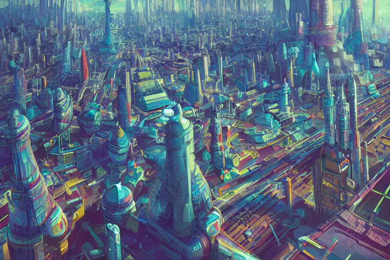 Image similar to futuristic city of paris, illustration painting, intricate, detailed illustration, hd, digital art, overdetailed art, concept art, complementing colors, detailed, illustration painting by leonardo da vinci, digital art, overdetailed art, concept art, complementing colors rendered by beeple, syd meade,