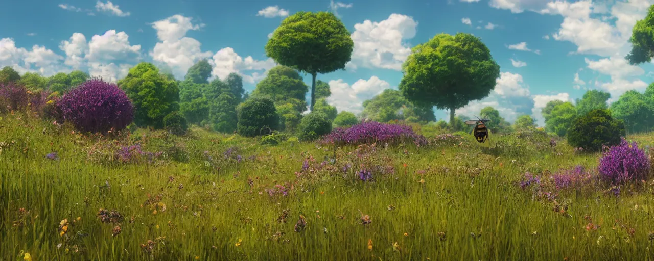 Prompt: a beautiful meadow landscape with large detailed bees flying, flowers, happy trees, photorealistic, octane render, rtx, hdr, unreal engine, digital art widescreen 8 k in the style of studio ghibli and bob ross