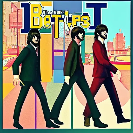 Image similar to The Beatles (1967) in GTA V, cover art by Stephen Bliss, artstation, no text