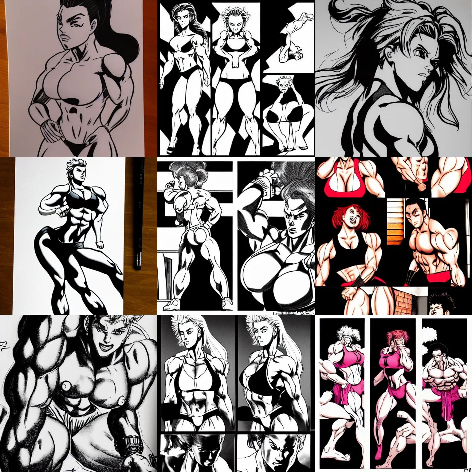 Prompt: scarlett johansson as body builder in baki anime manga style, 3 panel, pencil and ink, dramatic lighting, full body action profile