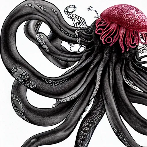 Image similar to hyperrealistic clicker from the last of us, flowers blooming and bursting, octopus, jellyfish, black and white, high contrast, soft focus, sharp, red, highly detailed