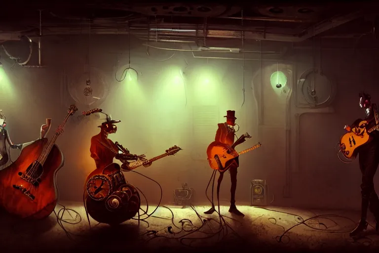 Prompt: 3 steampunk robot rock musicians playing at a seedy club, focus on the musicians, cinematic lighting, exaggerated detailed, unreal engine, octane render, trending on artstation, art by greg rutkowski, 4 k