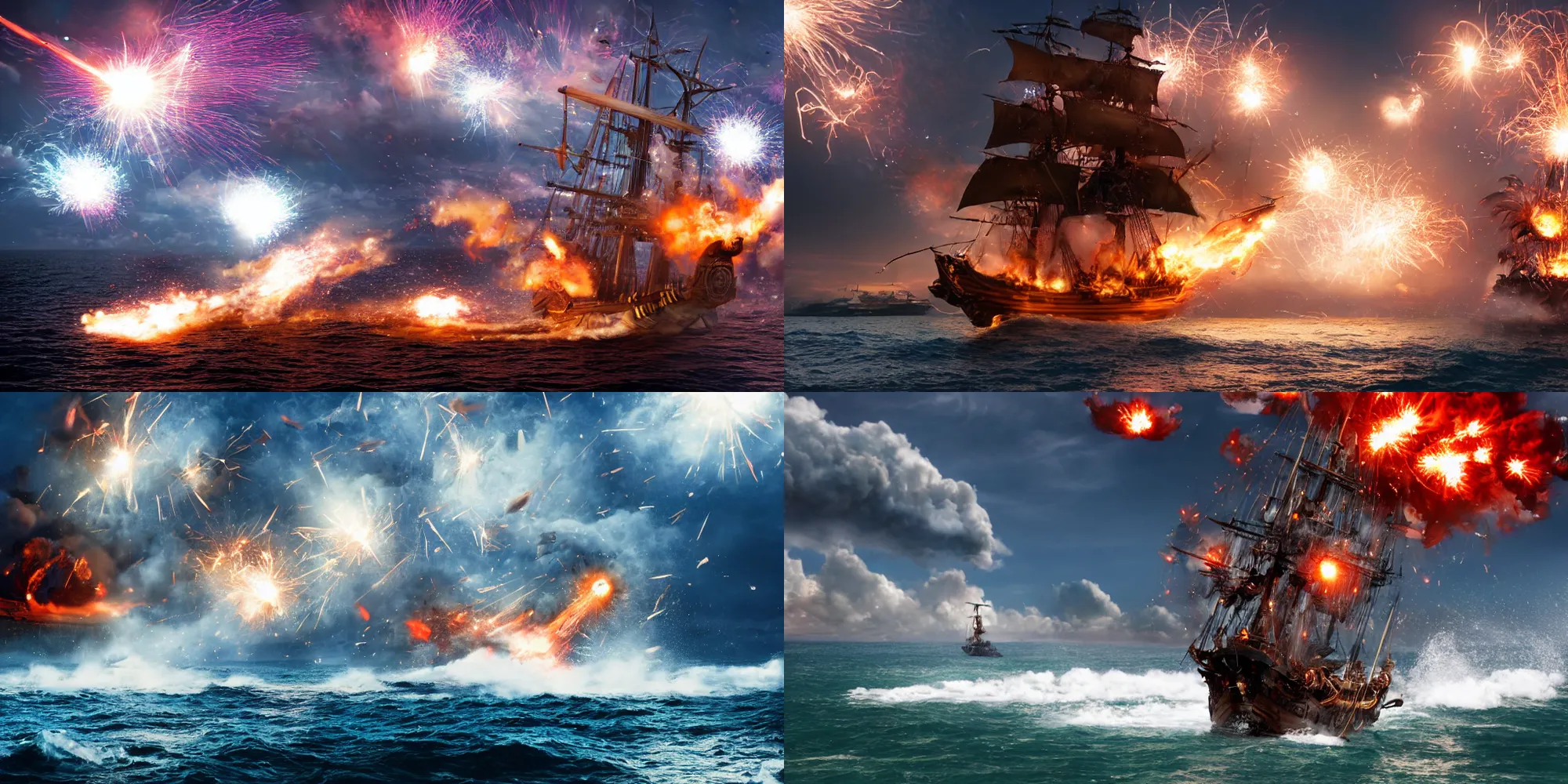 Prompt: action photography of a pirate ship bombarding a caribbean port with huge explosions, fast shutter speed, high speed, VFX particle simulation, action photo, 1/1000 sec shutter