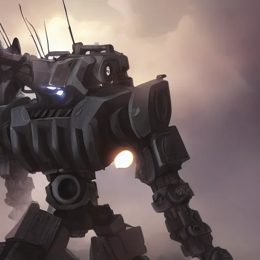 Image similar to a mech with guns on each arm preparing for combat, battlefield, dead trees, fire, smoke, dark clouds, slightly sunny, ominous, intense, epic, extremely detailed, cinematic lighting, studio ghibli, anime,