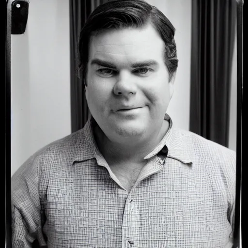 Prompt: clean - shaven portly white man with neatly styled black hair in his 4 0 s is wearing a dress shirt sweater - vest trouser dress shoes. his is standing in front of a mirror, taking a photo of himself. faded polaroid from 1 9 8 5