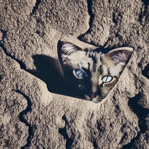 Prompt: a cat head made of granite floating above a wasteland, isometric aerial view