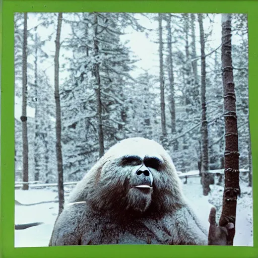 Image similar to polariod photograph yeti forest