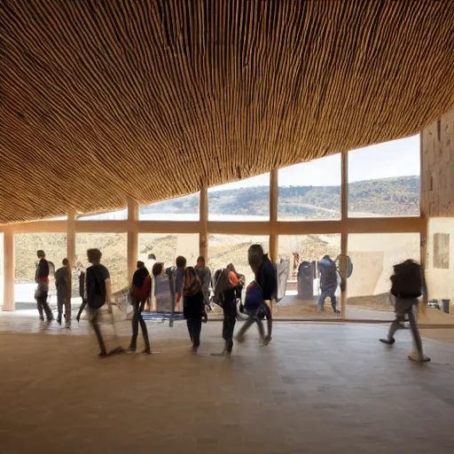 Image similar to indoor photo of a complex cultural building made of totemic rammed earth, people walking