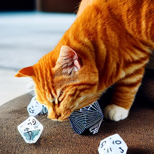 Image similar to realistic orange tabby cat lying in a sunbeam, the cat is next to a pile of D&D polyhedral dice, the cat is sleeping with closed eyes, award-winning photography, cozy, golden hour