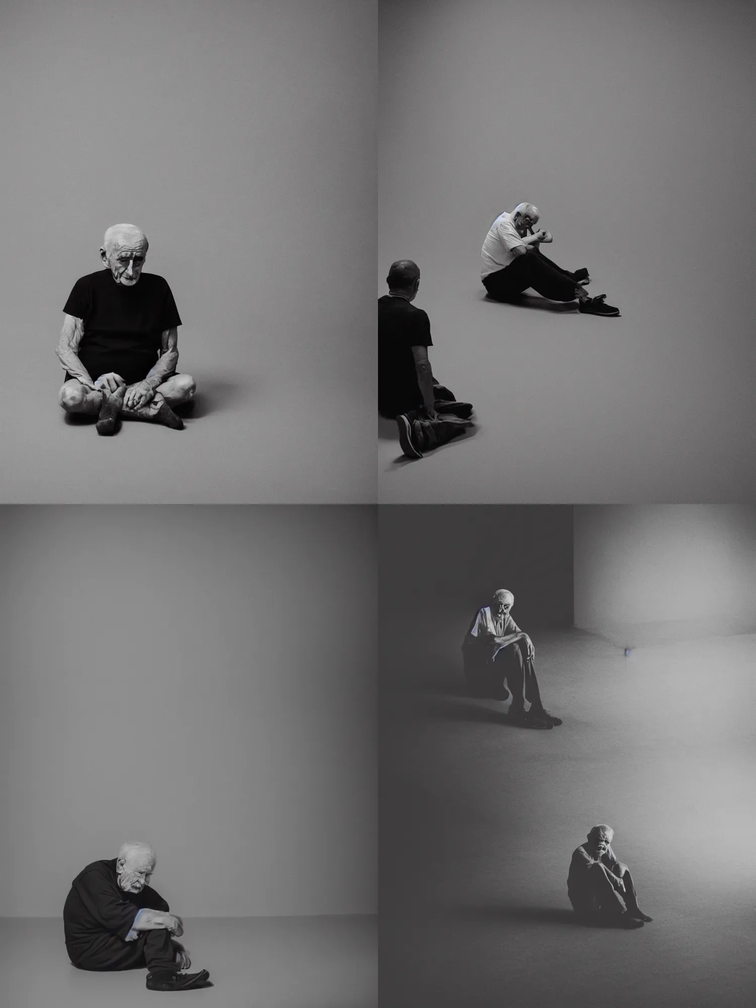 Prompt: an old man sitting on the floor in an empty black room