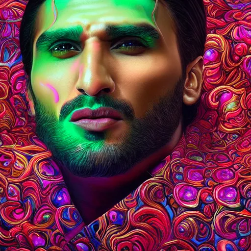 Image similar to portrait of ranveer singh, hyper detailed masterpiece, neon floral pattern, jean giraud, digital art painting, darkwave goth aesthetic, psychedelic, artgerm, donato giancola and tom bagshaw