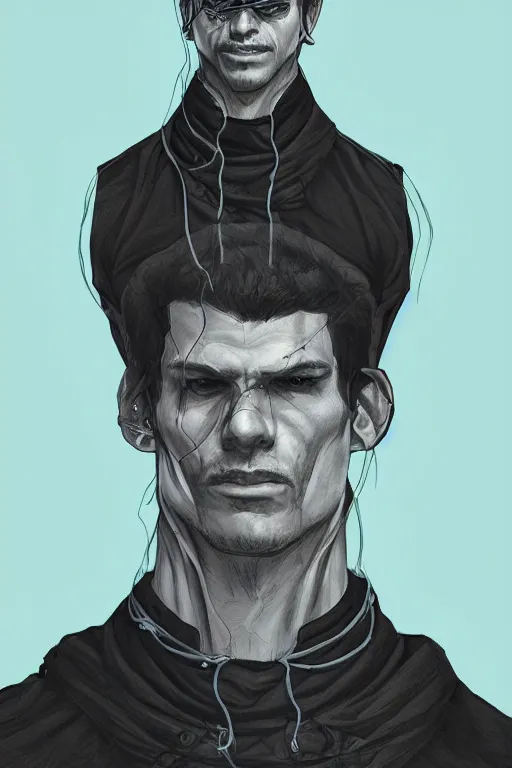 Prompt: digital portrait of a man wearing a straitjacket rafa sandoval and shawn coss, centered, deviantart, artgerm