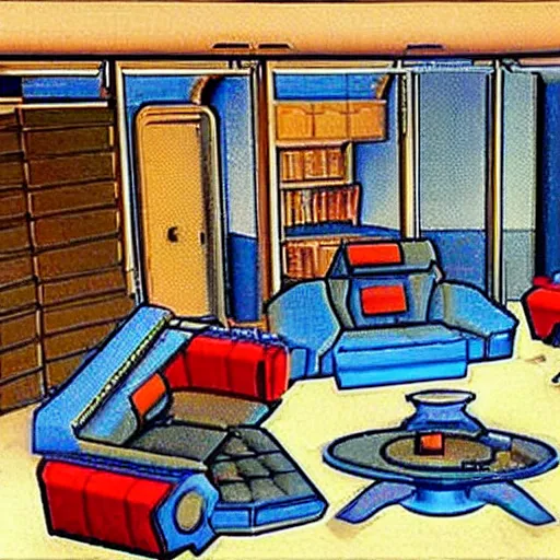 Image similar to a living room with futuristic furniture, from a Lucasarts graphic adventure game made in 1992