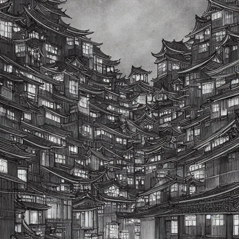 Image similar to a beautiful ink painting of buildings in japanese traditional style, in the style of hiroshi yoshida, at night, light effect, detailed, high - definition, exquisite isolated very detailed, moody lighting, 8 k highly detailed, trending on artstation