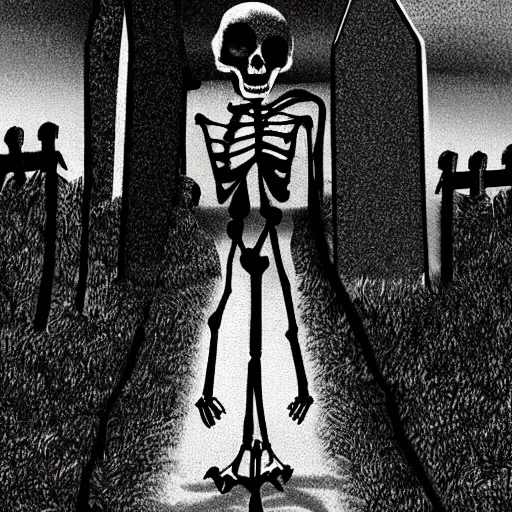 Prompt: skeletal human walking in a graveyard, cutesy artstyle