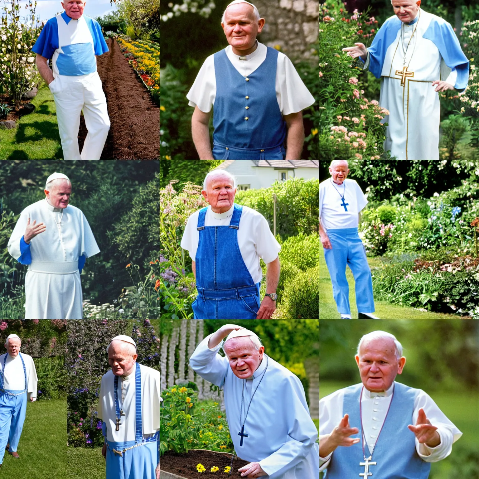 Prompt: John Paul II with white T-shirt and blue dungarees in garden