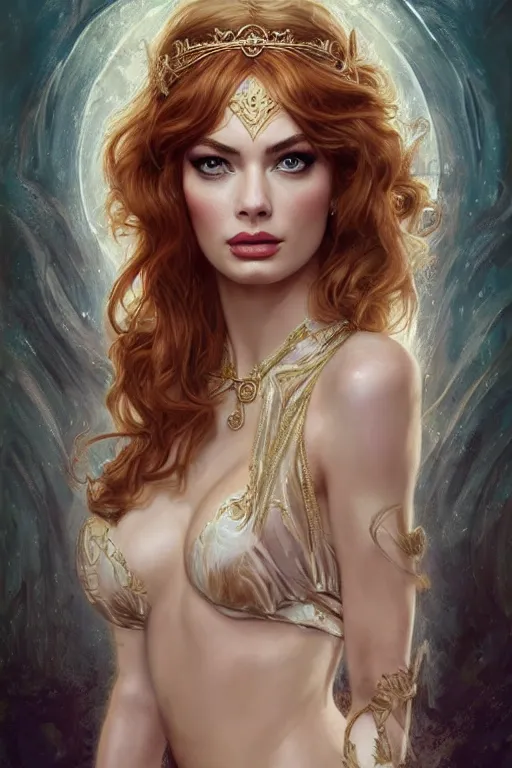 Image similar to ultra realistic illustration, a stunningly beautiful greek goddess of chaos played by christina hendricks and margot robbie and taylor swift and megan fox and emma stone and britney spears, intricate, elegant, highly detailed, digital painting, artstation, concept art, smooth, sharp focus, illustration, art by artgerm and greg rutkowski and alphonse mucha