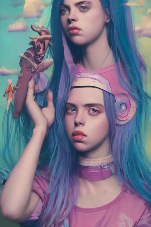 Image similar to billie eilish portrait of a vaporwave girl in a cluttered 9 0 s bedroom, by artgerm, tom bagshaw, gerald brom, vaporwave!, vaporwave colors!, lo fi colors, lo fi, 4 k, hd,