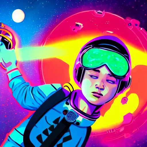 Image similar to a stylized portrait of a young boy as an astronaut with a ray-gun, stylized, arcane magic, magenta and turquoise vapor, vaporwave, vivid color, lens flare, volumetric light from above, background by liam wong, art by raymond swanland + marc simonetti + greg rutkowski + harumi hironaka