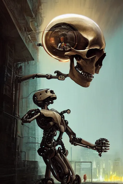 Image similar to an i robot playing with a puppet skull, portrait, intricate, elegant, volumetric lighting, scenery, digital painting, highly detailed, artstation, sharp focus, illustration, concept art, luis rollo, ruan jia, steve mccurry, john berkey