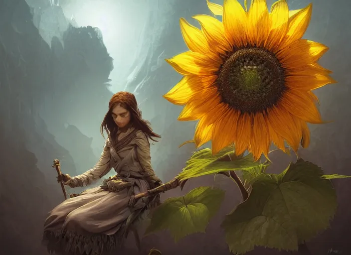 Image similar to photography of sunflower norman ackroyd, deep focus, d & d and mtg, fantasy, intricate, elegant, highly detailed, digital painting, artstation, concept art, matte, sharp focus, illustration, hearthstone, art by artgerm and greg rutkowski and alphonse mucha