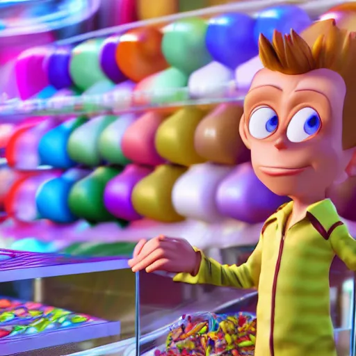 Image similar to Ultra hyperreal, 3D Octane render, Jimmy Neutron at a Candy store