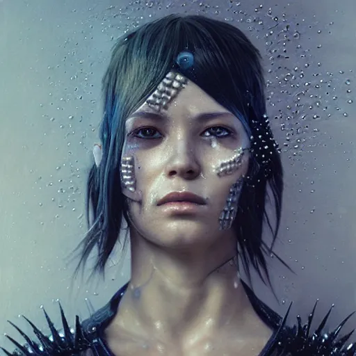 Prompt: portrait of punk cyborg woman, water particles floating in the air, finely detailed facial features, weathered drawing, film grain, painted art by tsuyoshi nagano, greg rutkowski, artgerm, alphonse mucha, spike painting