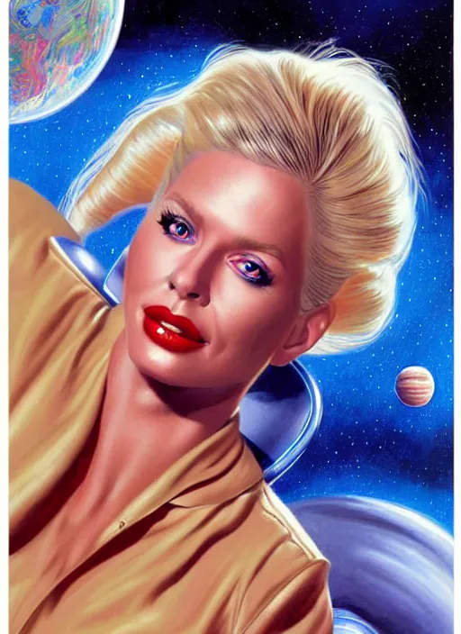 Image similar to portrait of a blonde alien plejaren woman inside a spaceship wearing a space uniform, beautiful face, hyper realistic, highly detailed digital painting by earl norem, artstation illustration co