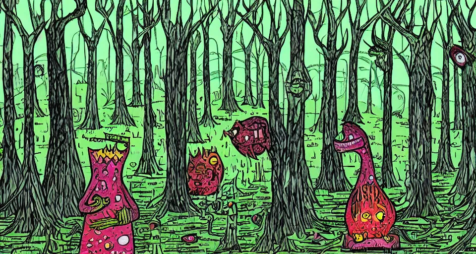 Image similar to A dense and dark enchanted forest with a swamp, by Allie brosh