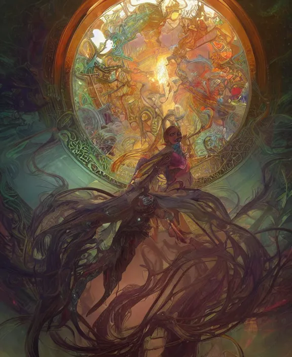 Image similar to a whirlwind of souls rushing inside the metaverse, half body, glowin eyes, insect, lizard, d & d, fantasy, intricate, elegant, highly detailed, colorful, vivid color, digital painting, artstation, concept art, art by artgerm and greg rutkowski and alphonse mucha and ruan jia