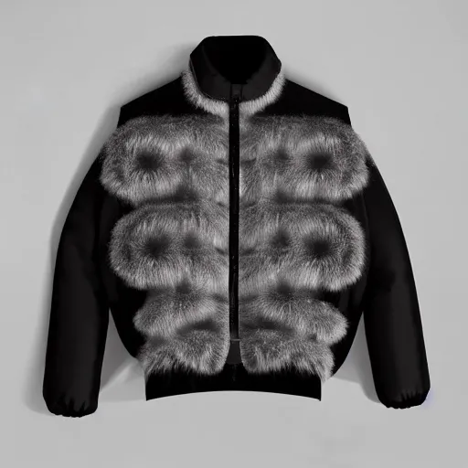 Prompt: autumn season jacket with led skin and fluffy lining, product shot, dark background, neon lighting
