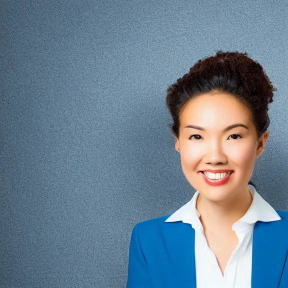 Image similar to portrait of 2 5 - year - old business woman oval face with angle 9 0 ° centred looking away breading fresh air, strong spirit and look between serious and happy, background soft blue