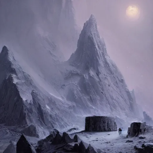 Image similar to strange ruins, at the mountains of madness, antarctic mountains, painted by seb mckinnon, high detail, dramatic light, antarctic mountains, digital art, painted by greg rutkowski, promotional movie posterart, trending on artstation