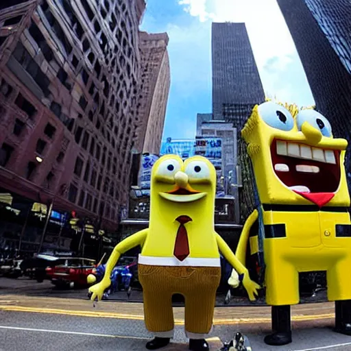 Prompt: giant sized spongebob squarepants destroying the twin towers in new york city