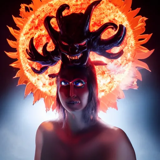 Prompt: a demon inspired by the sun created by the make up artist hungry, photographed by andrew thomas huang, cinematic, expensive visual effects