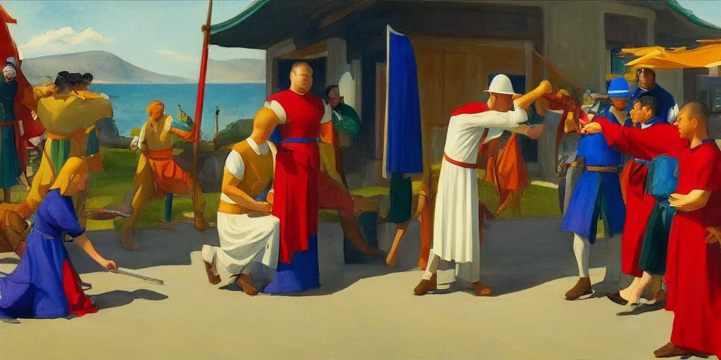 Prompt: a heavenly cinematic water colour of a mongolian knight by edward hopper in the style of renaissance art, 8 k