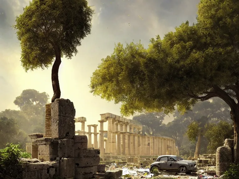 Image similar to a tree growing in ancient greek ruins, gray wasteland, many scrap cars, trash, rubble, overgrown, pillars and arches, flowers, vines, hyperrealistic, highly detailed, cinematic, ray of golden sunlight shining on the tree, beautiful, cgssociety, artstation, 8 k, oil painting by greg rutkowski, by artgerm, by wlop