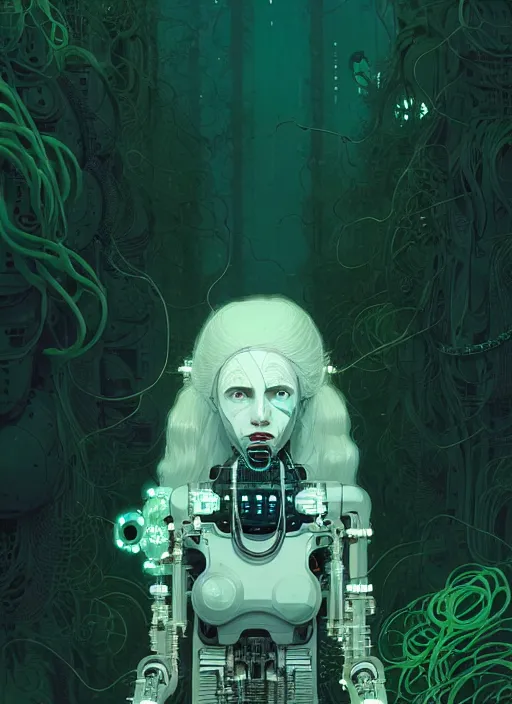 Image similar to highly detailed portrait of a biopunk cyborg long curly white hair tribal lady, stray wiring by atey ghailan, james gilleard, by joe fenton, by greg rutkowski, by greg tocchini, by kaethe butcher, 4 k resolution, gradient green, black and white color scheme!!! ( ( forested robotic dense jungle background ) )