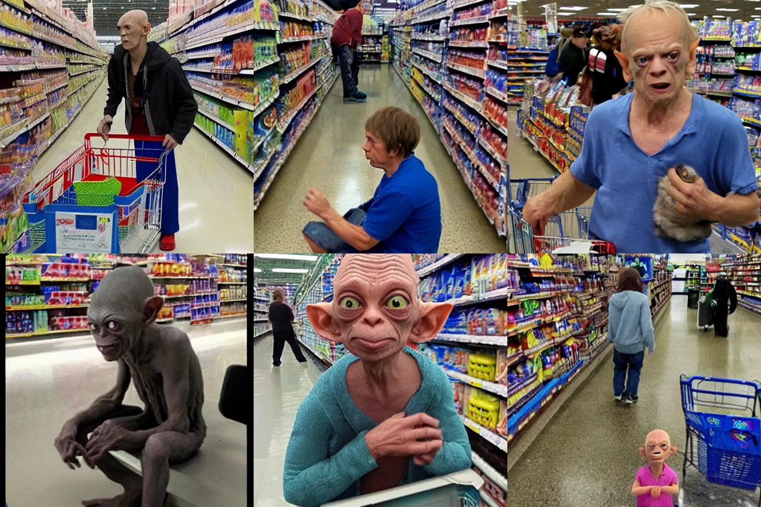 Prompt: Gollum looking for his mom in a Walmart