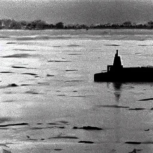 Prompt: film still, close up, nuclear submarine rising out of muddy vietnam river, face covered in mud, low camera angle at water level, night time, film still from apocalypse now ( 1 9 7 9 ), 2 6 mm,