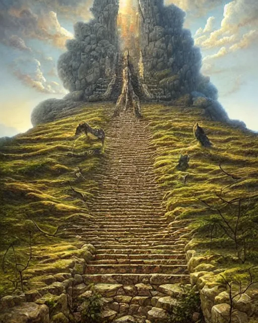 Image similar to Stairway to heaven by Tomasz Alen Kopera and salvator Dali and greg rutkowski, impressive perspective, I can't believe how detailled this is, masterpiece