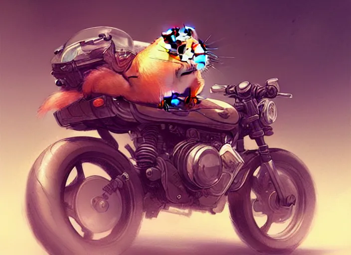 Image similar to a cute hamster riding a motorcycle, intricate, highly detailed, digital painting, artstation, concept art, sharp focus, illustration, art by greg rutkowski and Ross Tran