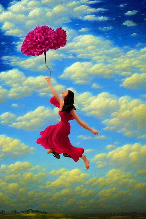 Prompt: closeup, giant carnation flower head, woman falling through clouds in sky, surreal, impressionist painting, digital painting, artstation, rob gonsalves