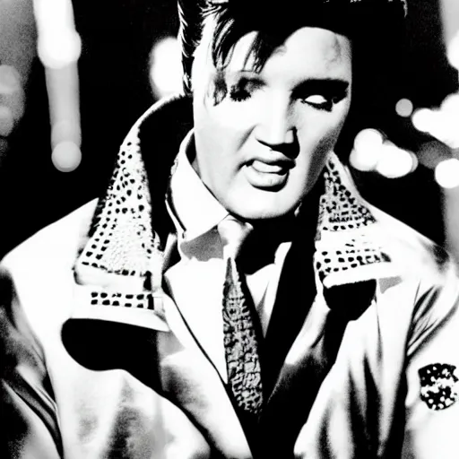 Image similar to black and white photograph of elvis dancing surrounded by aliens