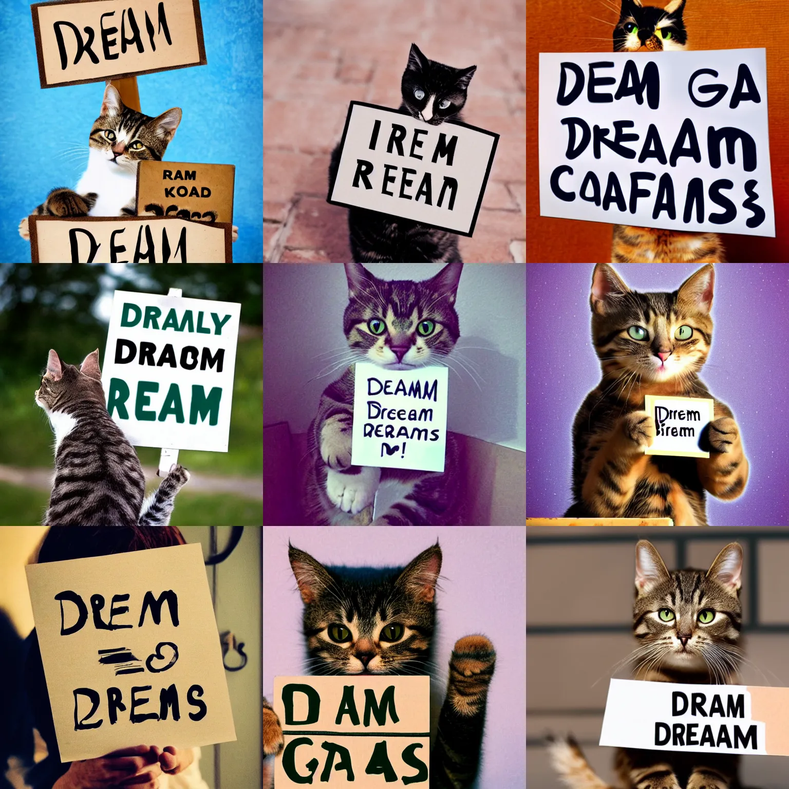 Image similar to realistic high quality photo of a cute cat holding a sign with text that reads : dream cats