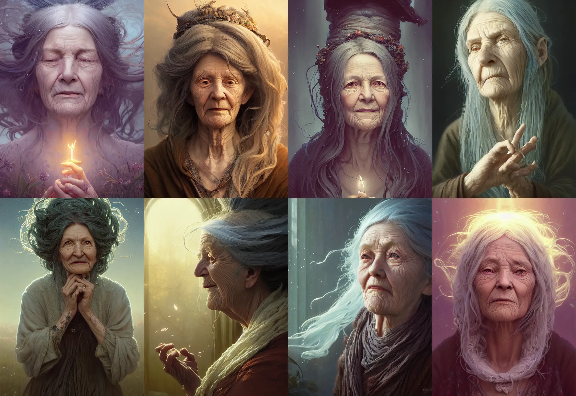 Image similar to highly detailed portrait of an old woman with long hairs, stephen bliss, unreal engine, fantasy art by greg rutkowski, loish, rhads, ferdinand knab, makoto shinkai and lois van baarle, ilya kuvshinov, rossdraws, tom bagshaw, alphonse mucha, global illumination, radiant light, detailed and intricate environment