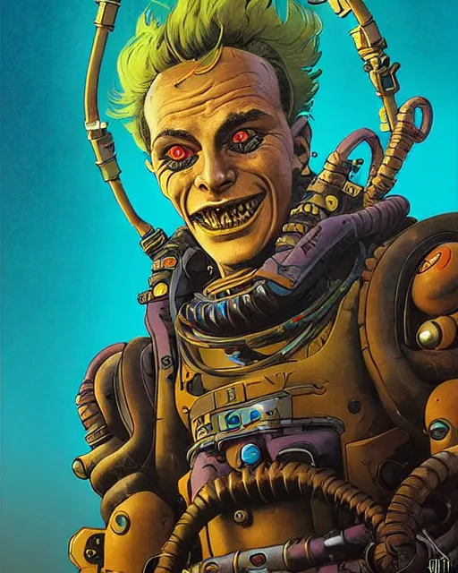 Image similar to junkrat from overwatch, slight smile, character portrait, portrait, close up, concept art, intricate details, highly detailed, vintage sci - fi poster, retro future, in the style of chris foss, rodger dean, moebius, michael whelan, and gustave dore