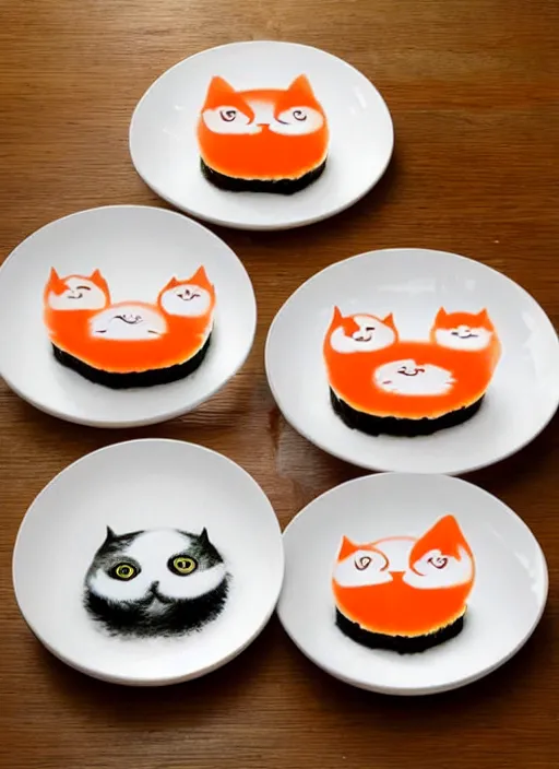 Image similar to clear surrealist painting of adorable cats made from sushi rice, sitting on sushi plates with garnish