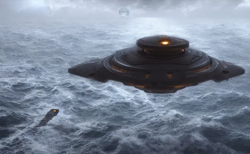 Image similar to a small, symmetrical alien ship flies above a stormy ocean, sci-fi concept art, unreal engine 3d