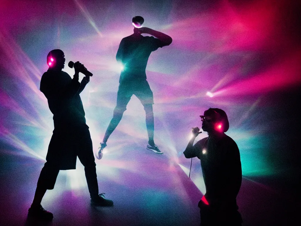 Image similar to man holding a microphone and rapping, epic pose, silhouetted, distinct figure, psychedelic hip-hop, laser light show, fog, beams of light